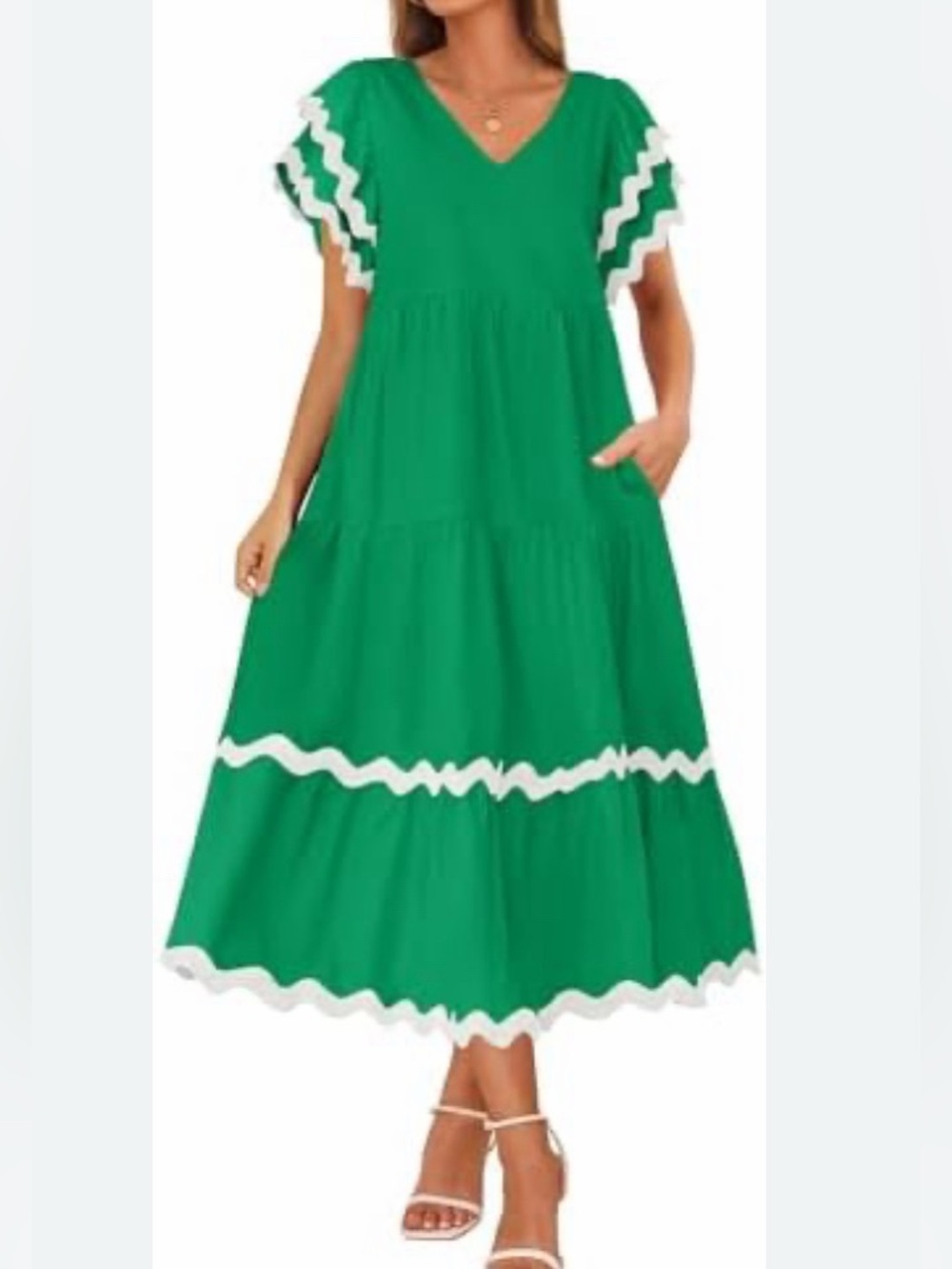 ZESICA Green White Midi Dress V-Neck Flutter SS Ruffle Tiered Flowy SMALL